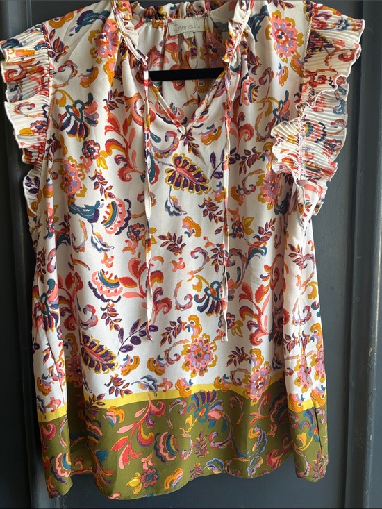 Chenault Tops - Chenault Ivory Floral Paisley Ruffle Sleeve Tie-Neck Blouse